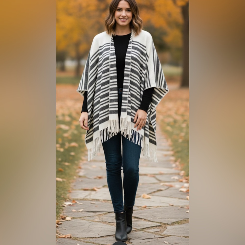 Elegant Black and White Striped Women's Poncho